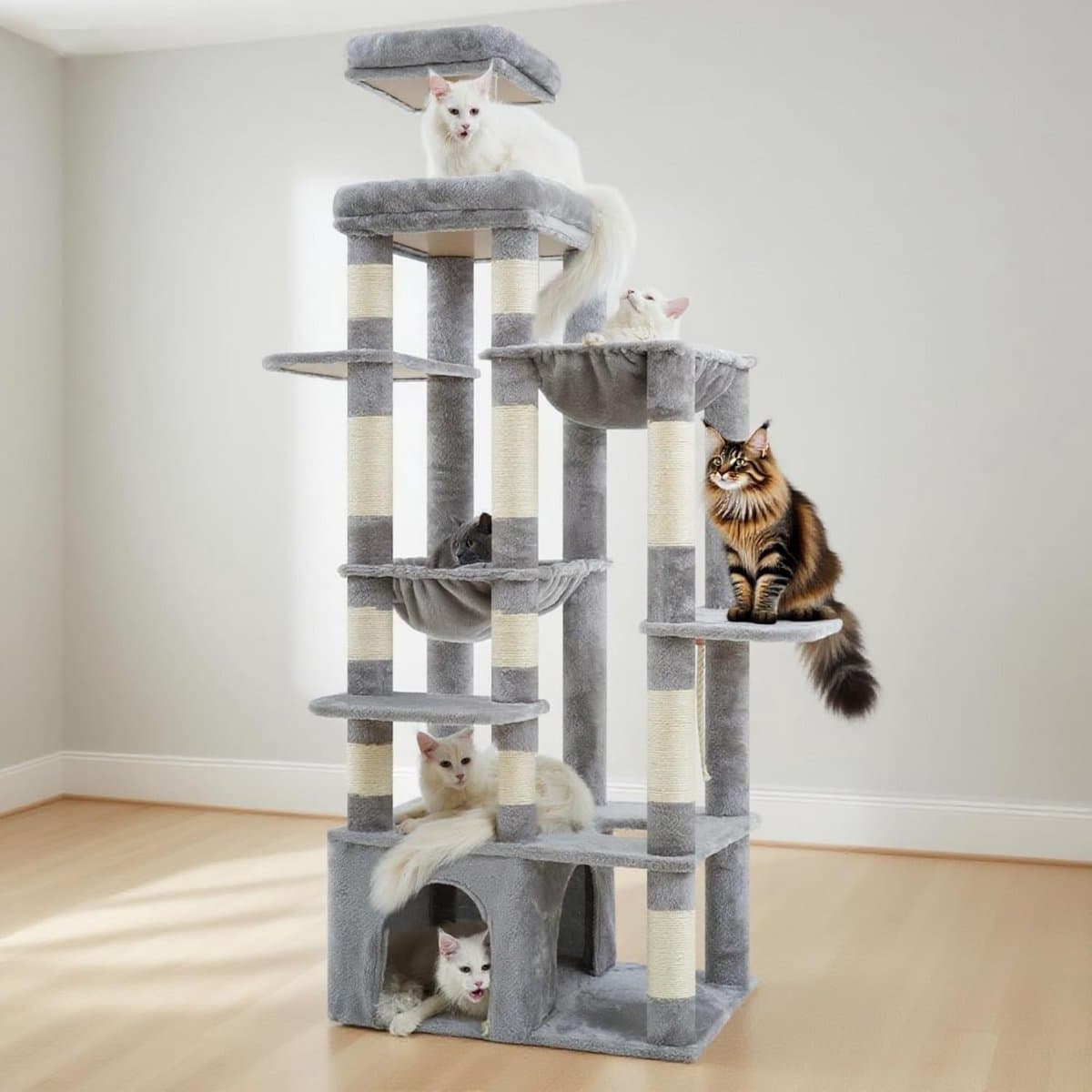 Krabpaal XL - Kattenboom Meubels - Spelen en Rusten - Stabiele XXL Basis - 180 cm Hoog - Lichtgrijs
