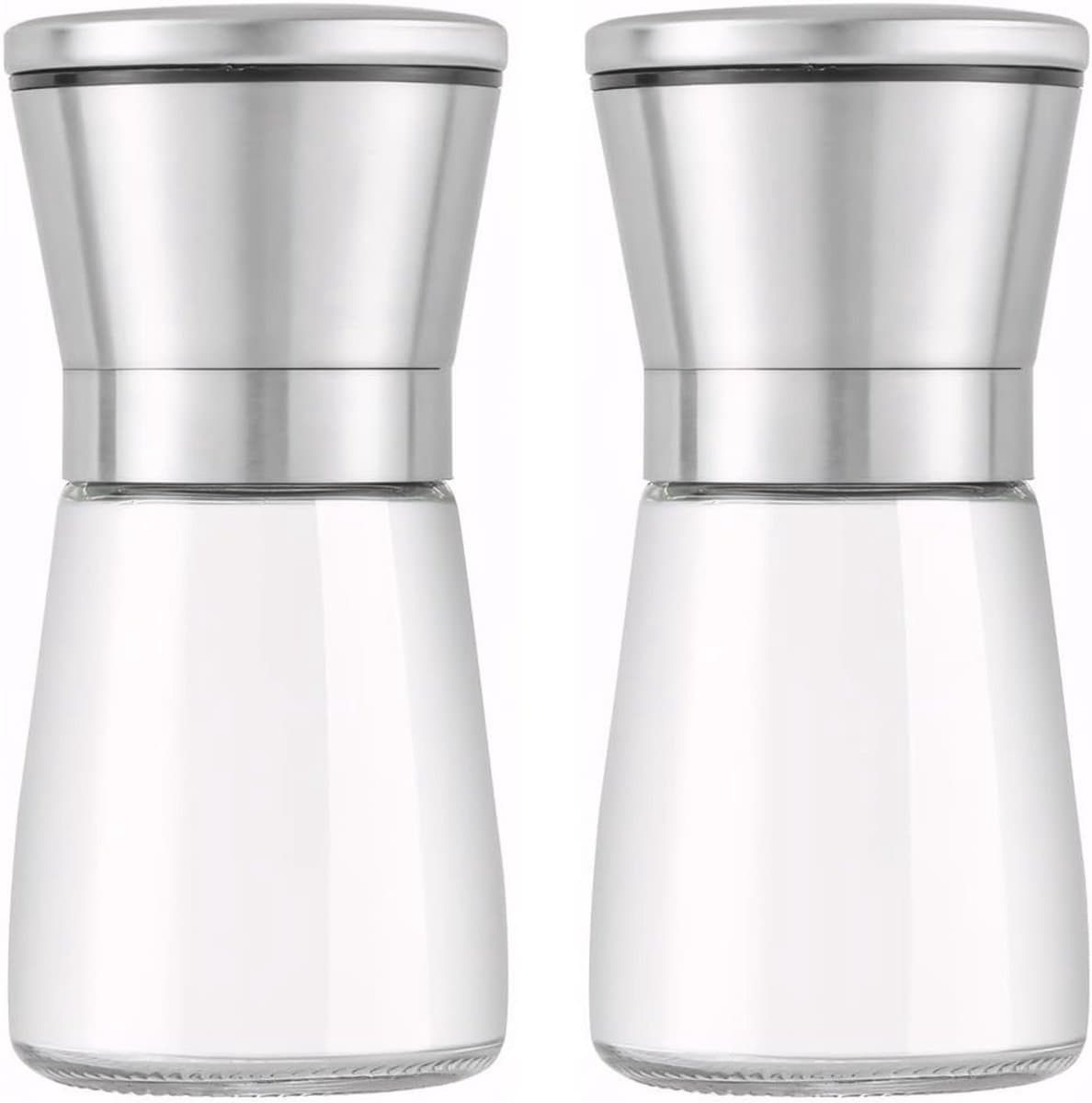 Set van 2 Peper- en Zoutmolens van Hoogwaardige Glas en RVS met Instelbare Keramische Maalmechanisme voor Specerijen en Zout (180 ml)