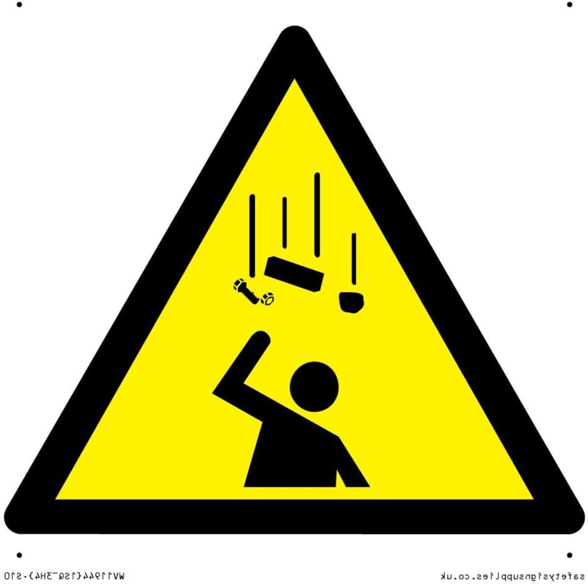 Vallende objecten waarschuwing - Veiligheidsbord - Werkplaats veiligheid - Gegolfd plastic - 100x100mm - Geel/Wit