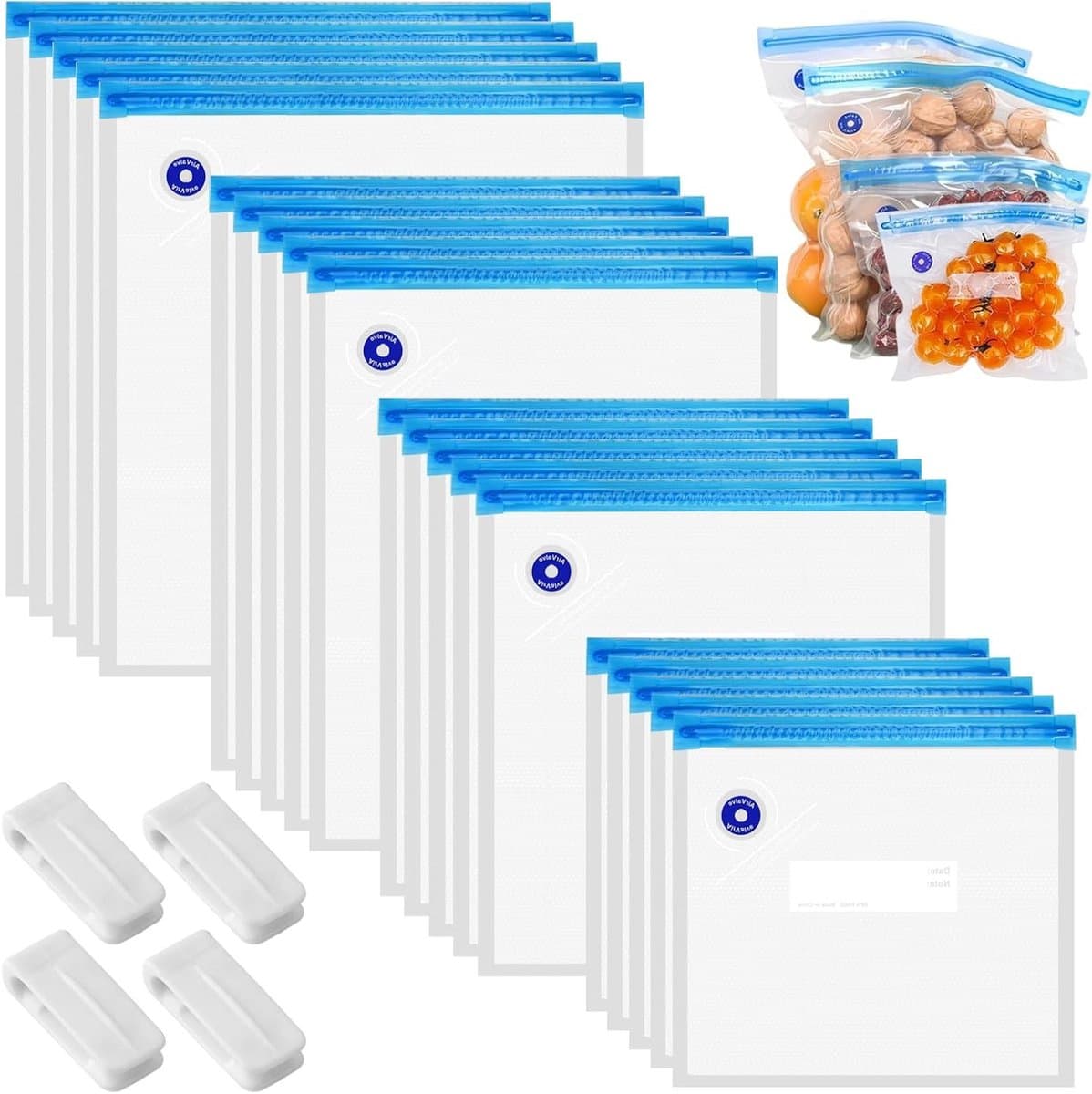 Herbruikbare Vacuümzakken Set van 20 Stuks met Ventiel, 4 Maten en 4 Sluitclips voor Voedselopslag, Vacuüm Koken en 3D Printer Filament Opslag, BPA-vrij en Geschikt voor Vriezer en Magnetron