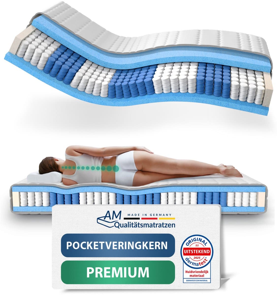 AM Qualitätsmatratzen - Hoogwaardig 7-Zone Pocketveringmatras 90x210 cm (H5) - 24 cm - Zeer stevig - Pocketvering Matras 90 x 210 - TENCEL Lyocell tijk - ergonomisch matras