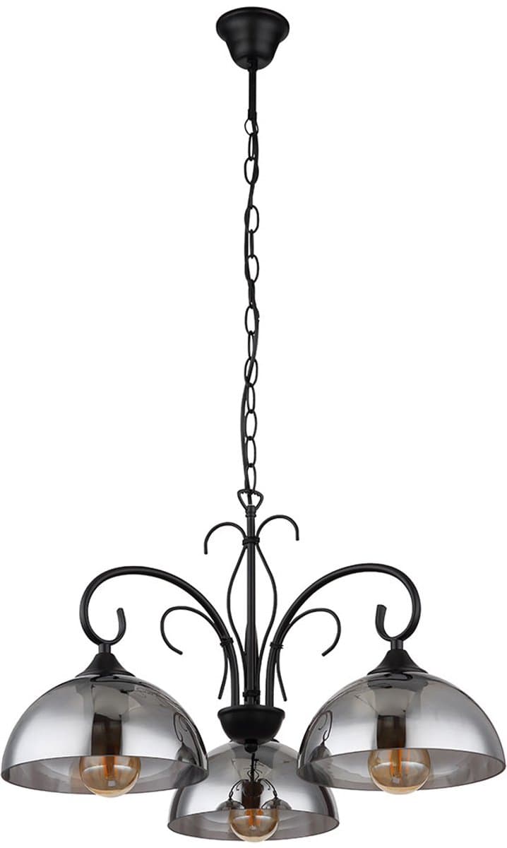 Hanglamp Woonkamerlamp Eettafellamp, metaal zwart gerookt glas, in hoogte verstelbaar 3 vlammen E27, H 120 cm
