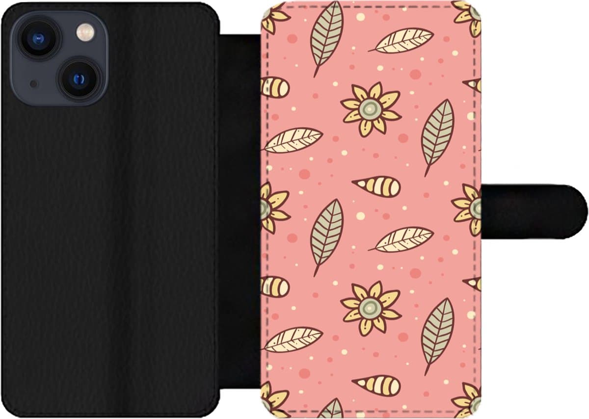 Telefoonhoesje Geschikt voor iPhone 13 Mini telefoonhoesje - Patronen - Bloemen - Bladeren - Girl - Kids - Kinderen - Met vakjes - Wallet case met magneetsluiting
