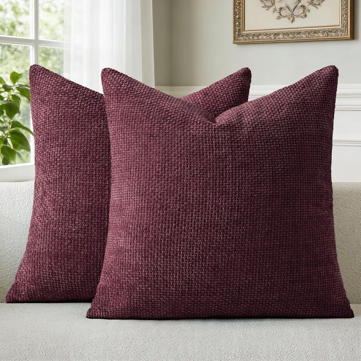 Kussenhoezen Wijnrood 45 x 45 cm, Set van 2, Zachte en Pluizige Sierkussenhoezen, Decoratieve Kussenhoezen met Verborgen Rits, Wasbaar, voor Bank, Sofa, Woonkamer en Slaapkamer