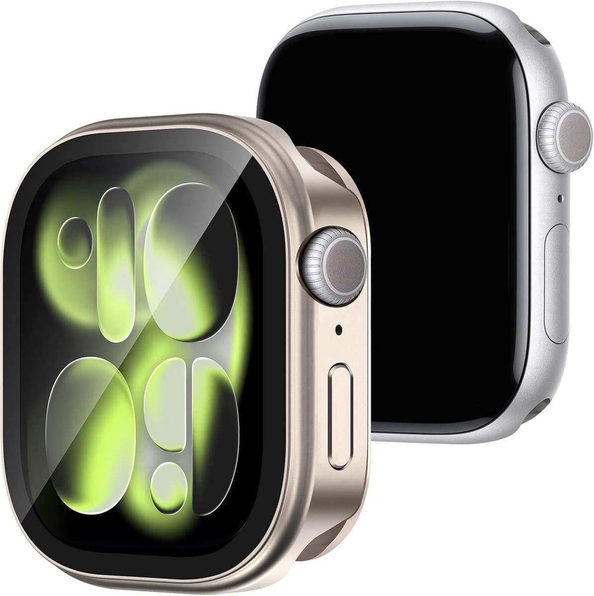 2-in-1 metalen behuizing, compatibel met Apple Watch serie 11/10, 42 mm, met displaybescherming, schokbestendig, robuust, 360 graden bescherming met achterkant voor iWatch 42 mm, titanium