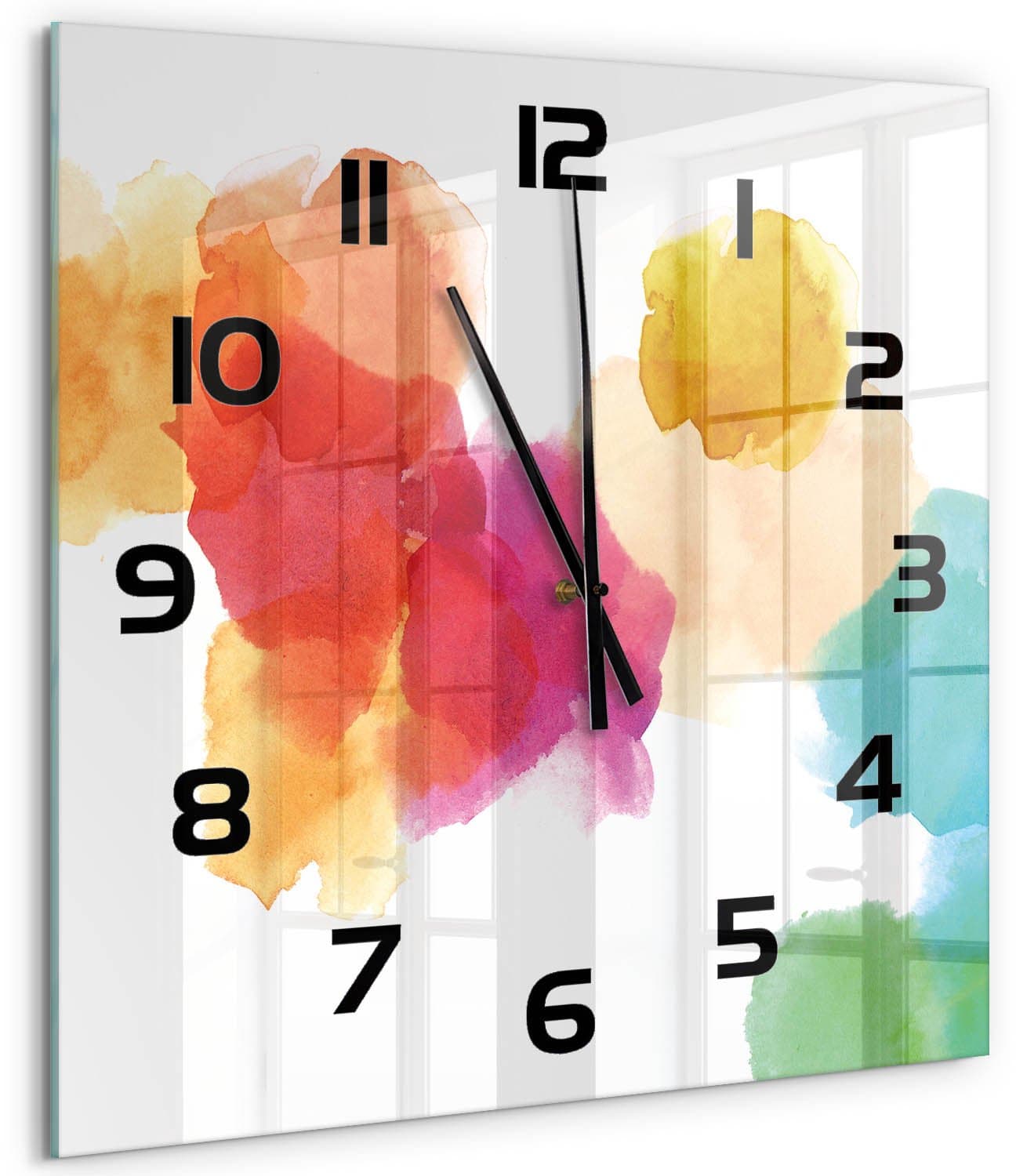 Tulup Wandklok - Kleurrijke vlekken Glazen Wandklok Design - 60x60 cm - Veelkleurig Klok Glas Met Opdruk - Zwarte handen - Vierkante Klok - Wandklok Glas Met Motief - Decoratieve Glazen Klok