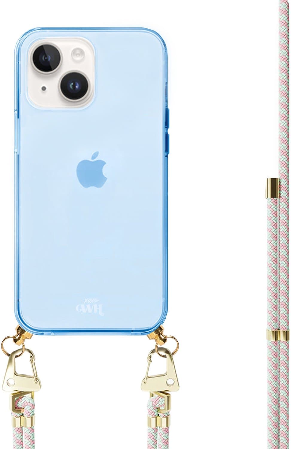 xoxo Wildhearts silicone case met koord - Blauw telefoonhoesje met koord - telefoonketting - Aqua Pink - Cord Case - geschikt voor Apple iPhone 13 - Lichtblauw / Roze gestreept koord