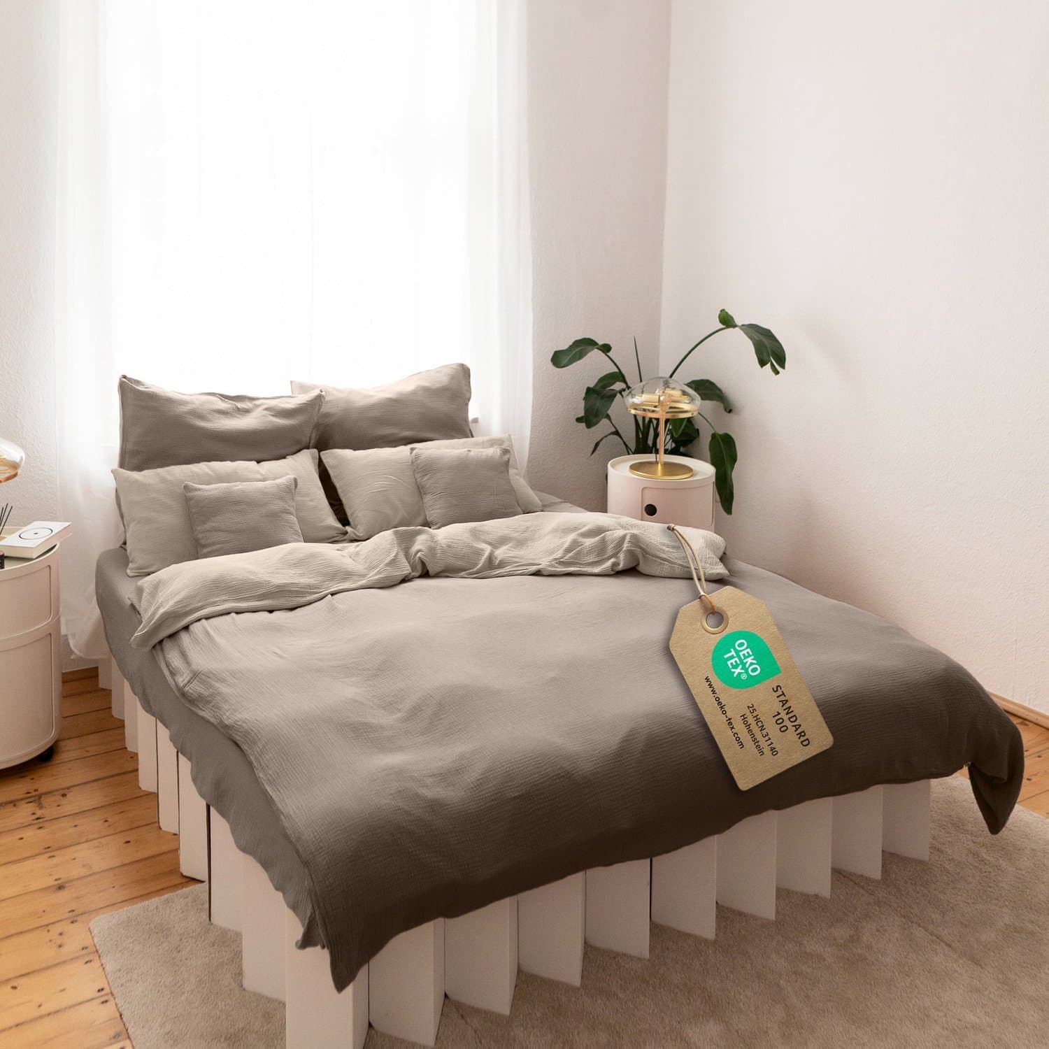 LILIMAUS Dekbedovertrek 135 x 200 cm (Duitse maat) met kussensloop 80 x 80 cm - mousseline katoen - lichtbeige en donkerbeige