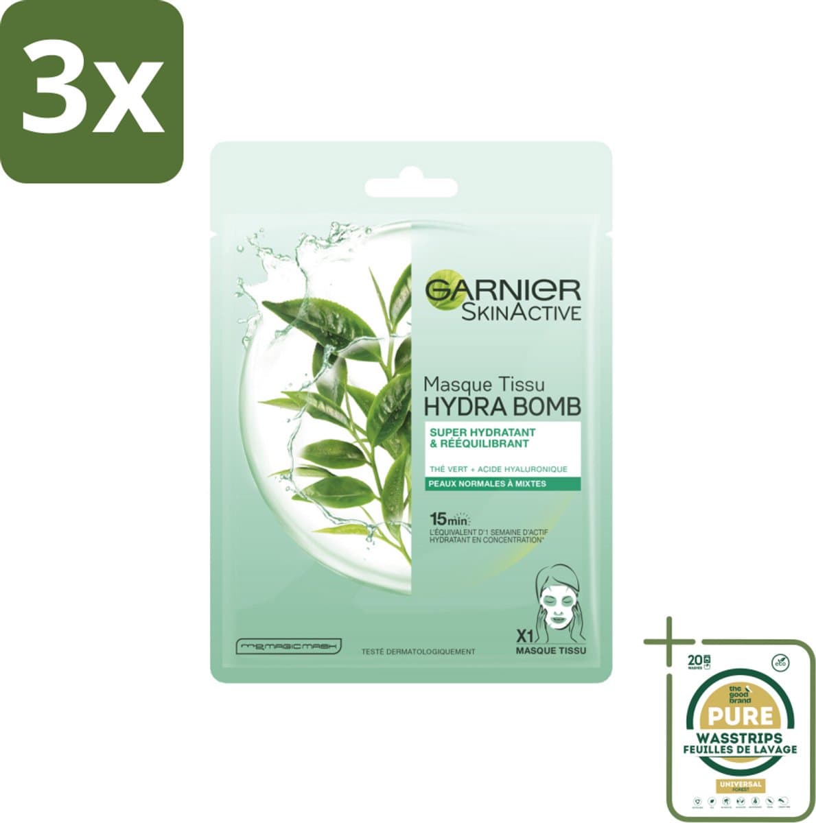 3 x Garnier - SkinActive - Hydra Bomb Tissue Masker - Groene Thee - 1 Gezichtsmasker - Grootverpakking - Gezichtsmasker - Hydratatie - Zuivering - Groene Thee - Hyaluronzuur