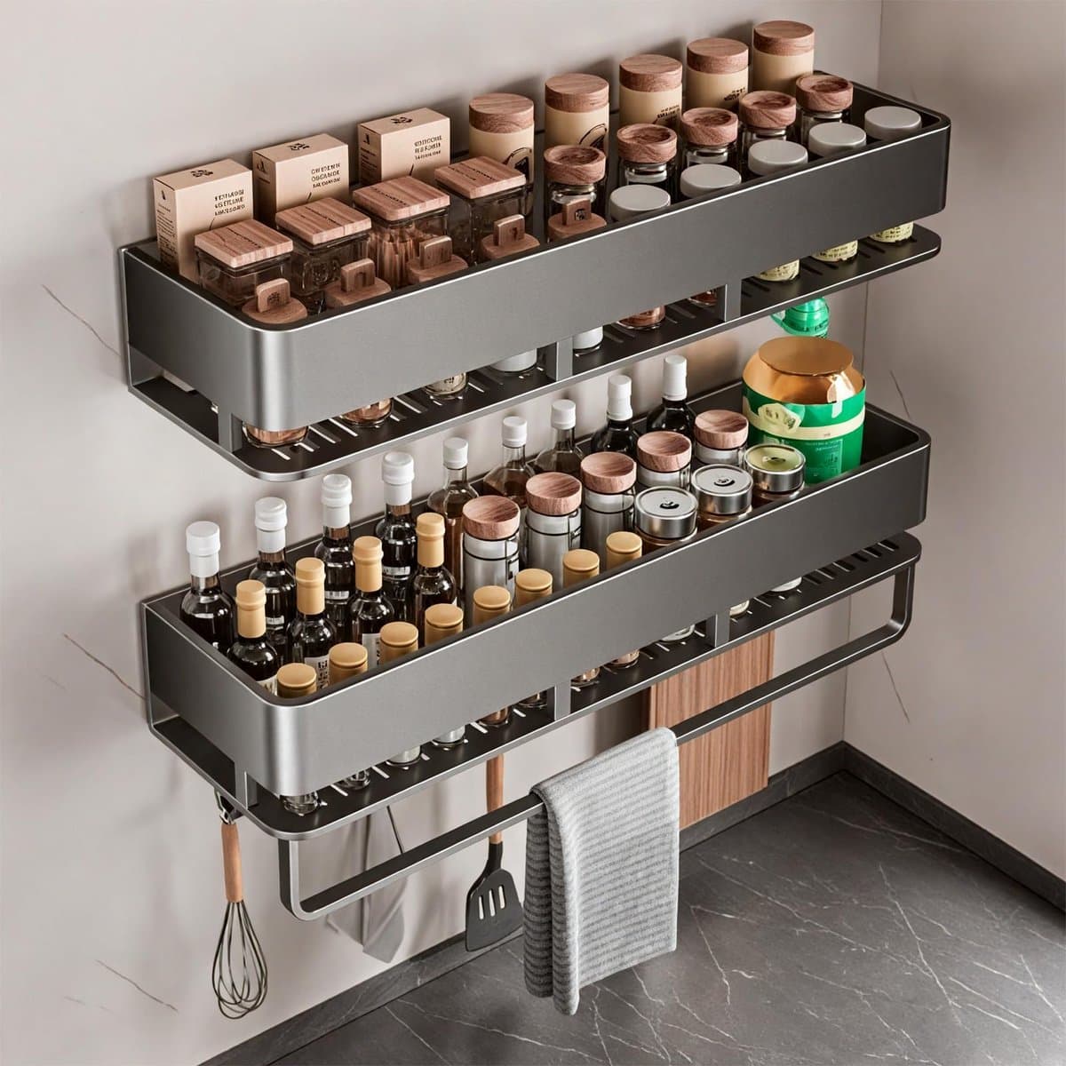 Unyqoos® Set van 2 metalen wandgemonteerde kruidenrekken met haken voor keukenorganisatie