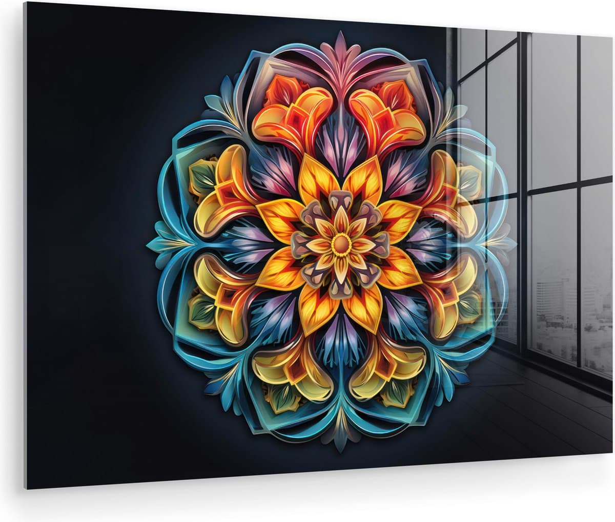 MuchoWow® Glasschilderij 150x100 cm - Schilderij acrylglas - Mandala - Licht - Kleuren - Zwart - Bloemen - Foto op glas - Muurdecoratie woonkamer - Wanddecoratie slaapkamer - Schilderijen