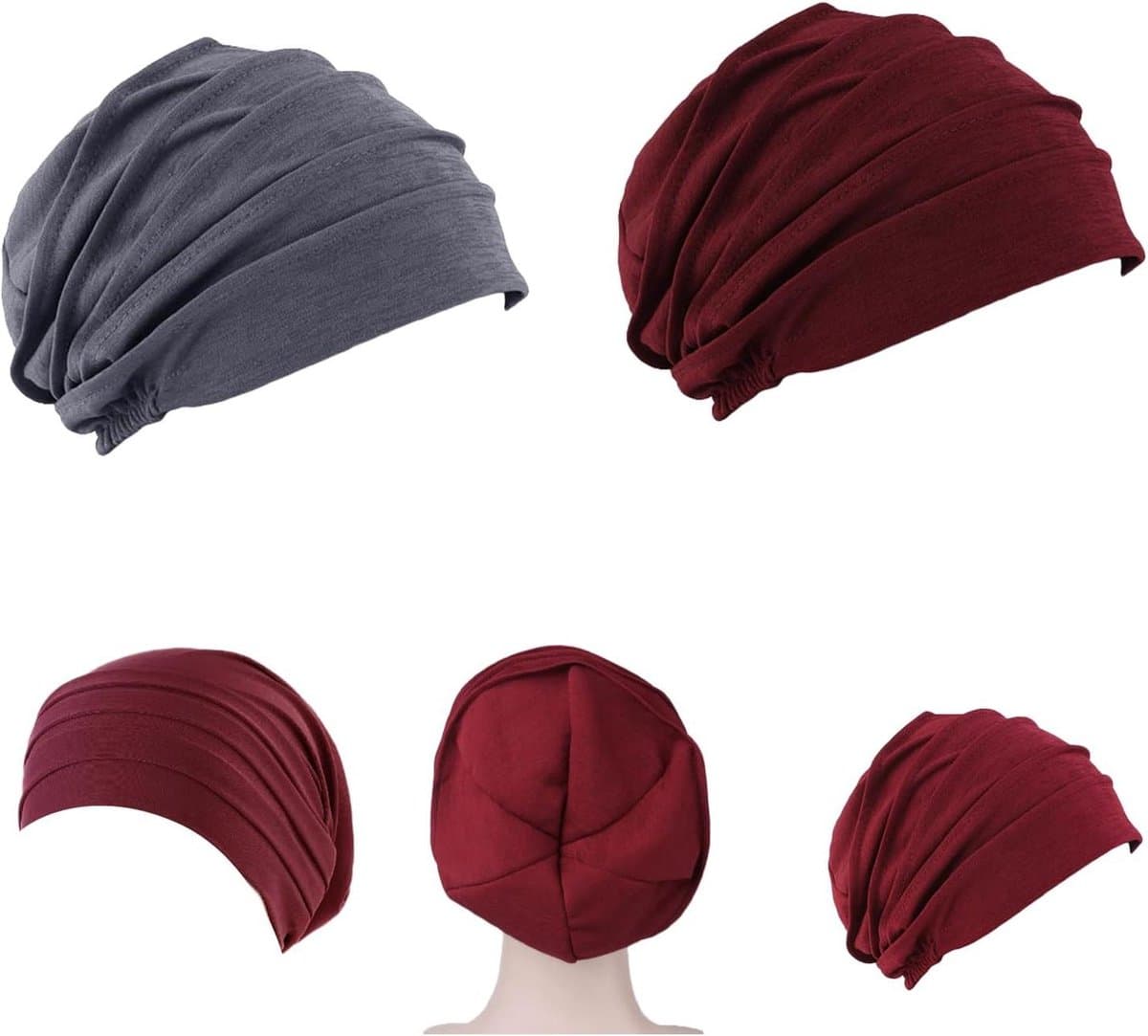 2 stuks dameshoeden in karmozijnrode en grijze tinten van zachte katoenen spandex met verstelbare elastische banden - eenvoudig en veelzijdig in effen kleuren voor kanker chemotherapie.