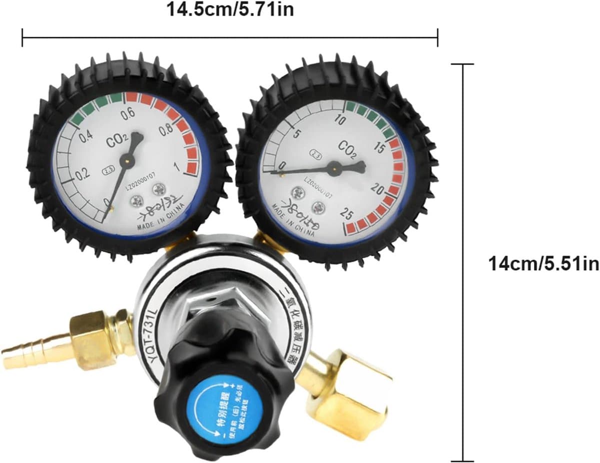 Thijox - CO2-drukregelaar met dubbele meter - Gasflesregelaar voor lassen en bier - Zinklegering & Messing - 0-25MPa - 8mm uitlaat - Perfect voor fees