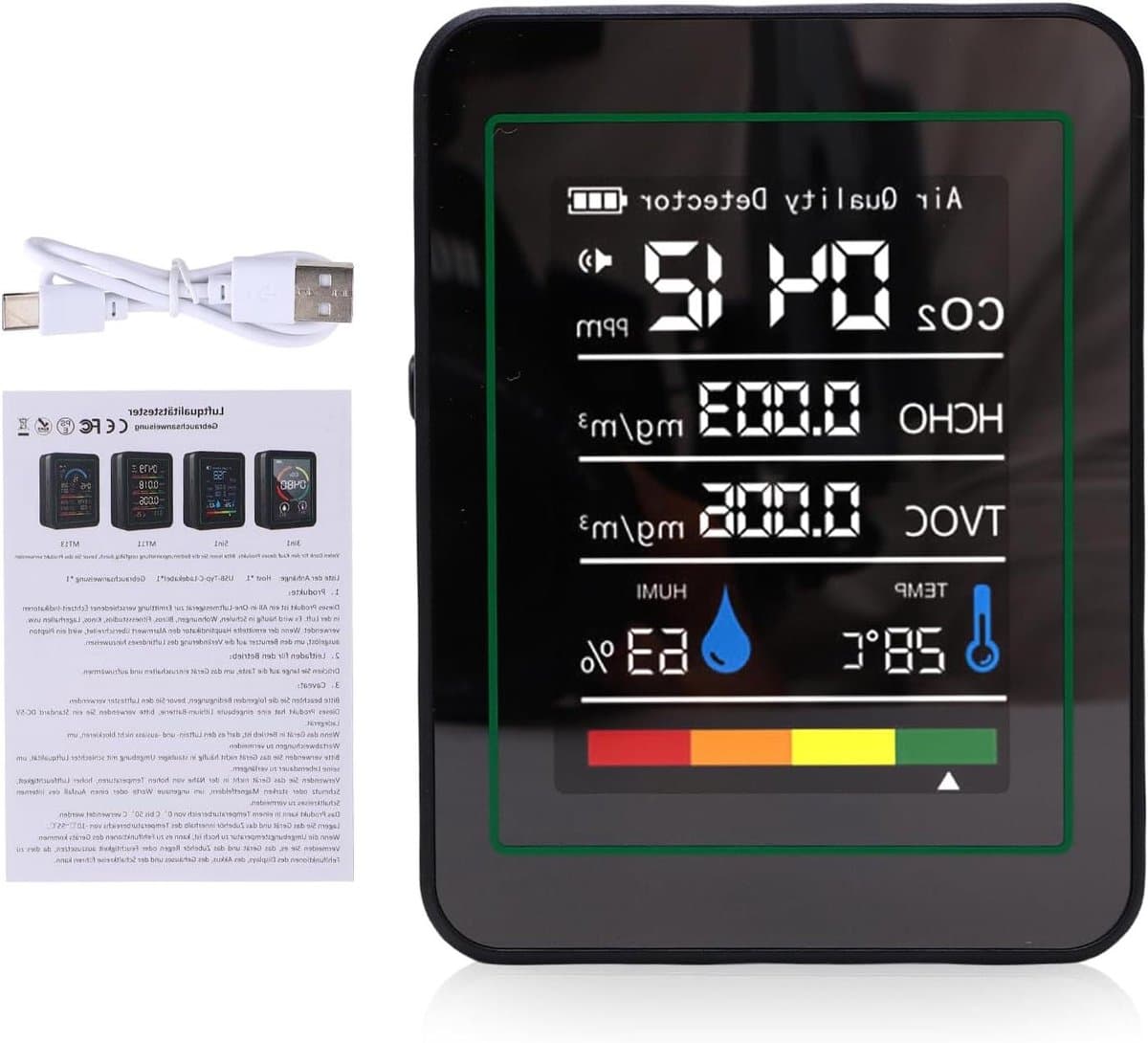 Omgevingsmonitor - Luchtkwaliteit Meter - Gezondheid Monitoren - 5-in-1 Meting - 14x10x5 cm - Zwart