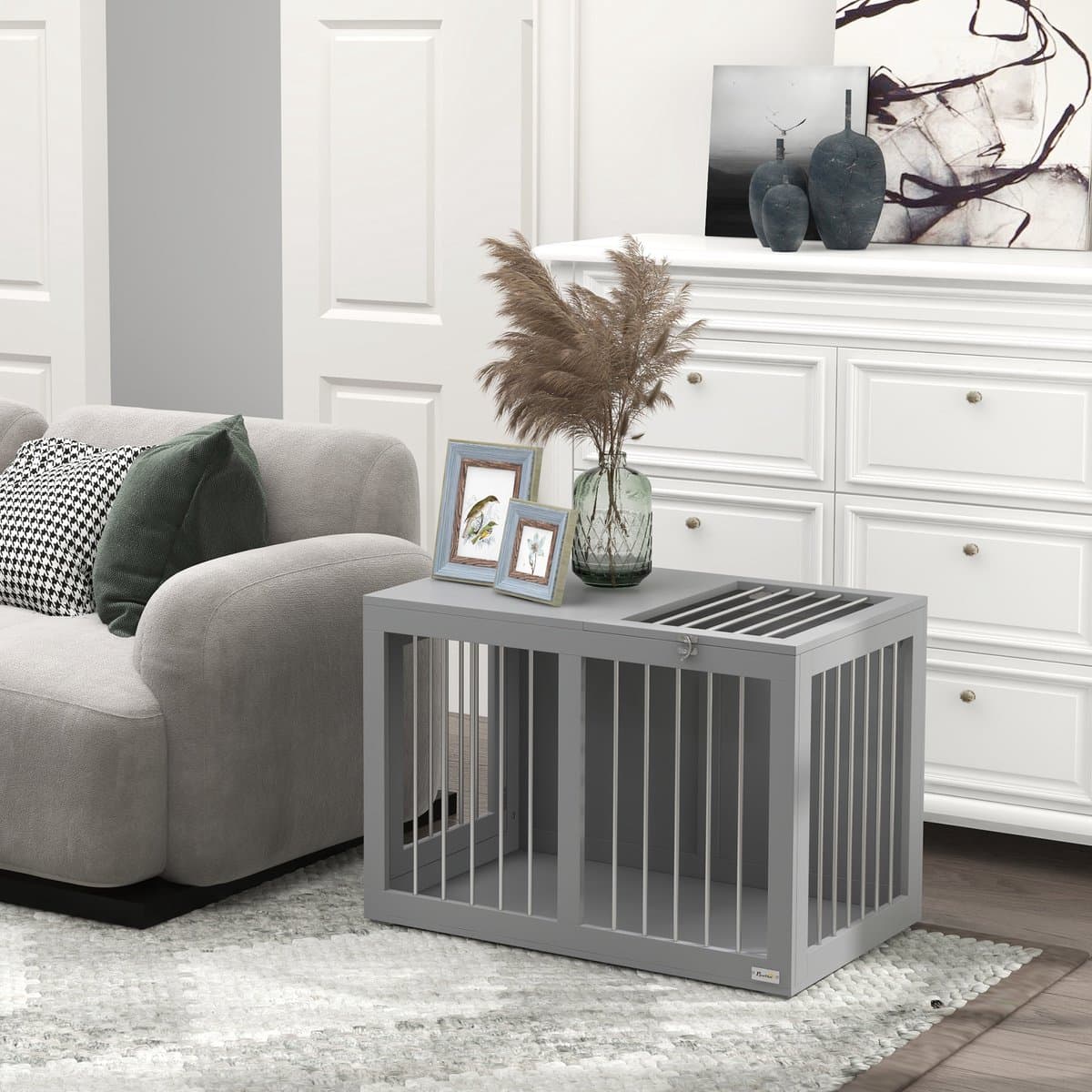 FloraGrace Bench – 80 x 50 x 56,5 cm – 2 Afsluitbare Deuren – Staal en MDF – Grijs – Veilige Rustplek voor Middelgrote Honden