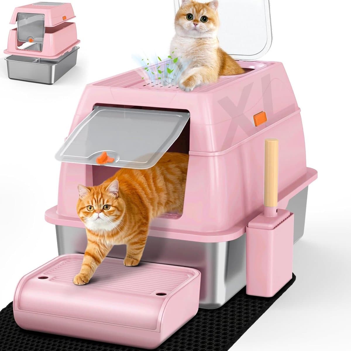 Kattenbak XL van Roestvrij Staal met Deksel en Hoge Rand - Gesloten Kattentoilet met Twee Ingangen