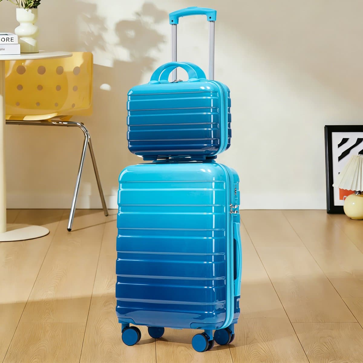 VVBV Kofferset 2 Delig 14/20 inch - PC Hardcase, Handbagage Koffer, Beautycase, Spinner Wielen, Cijferslot, Blauw, Vakantie
