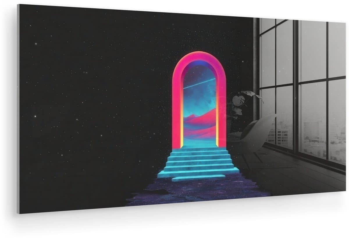 MuchoWow® Glasschilderij 40x20 cm - Schilderij acrylglas - Poortje - Landschap - Sterrenhemel - Roze - Foto op glas - Muurdecoratie woonkamer - Wanddecoratie slaapkamer - Schilderijen