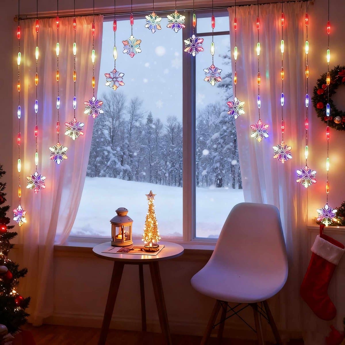 Meedeer Kerstverlichting-Led-lichtsnoer-2.5m-152Leds-8 Lichtstanden-met stroom-sneeuwvlok venster-gekleurd licht voor Kerstmis verjaardag party bruiloft（M）