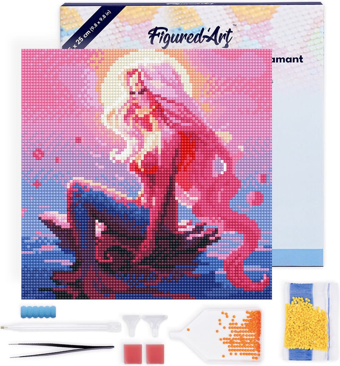 Figured'Art Mini Diamond Painting set Volwassenen 25x25 cm met lijst Roze Zeemeermin - 5D DIY Art full drill ronde diamant - Canvas al ingelijst