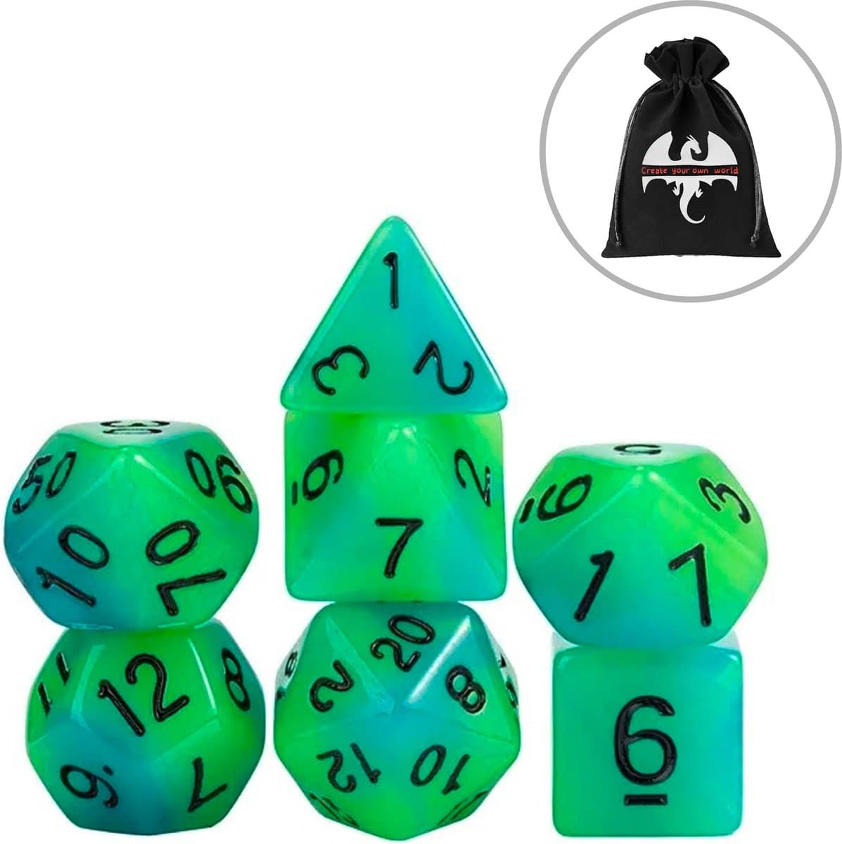 Lapi Toys - Dungeons and Dragons dobbelstenen - DnD - D&D - Polydice - Glow in the dark - 1 set (7 stuks) - Acryl - Neon Groen