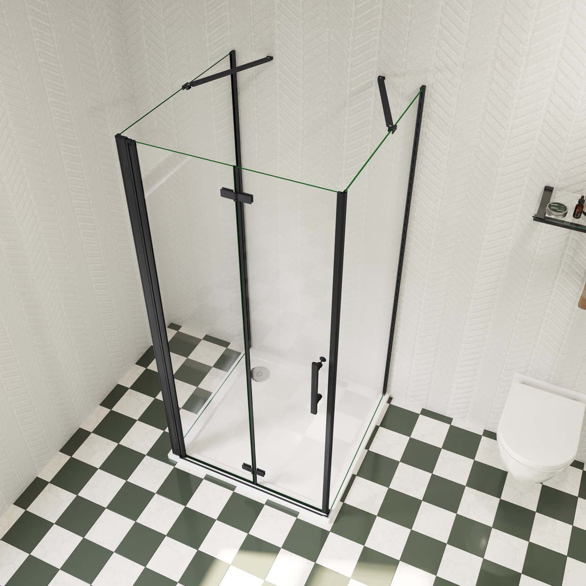 110x90x195cm douchecabine, met inklapbare vouwdeur en twee vaste zijwanden, 6mm helder EasyClean veiligheidsglas,mat zwarte aluminium frame, stabilisatiestang 70-120 cmX2