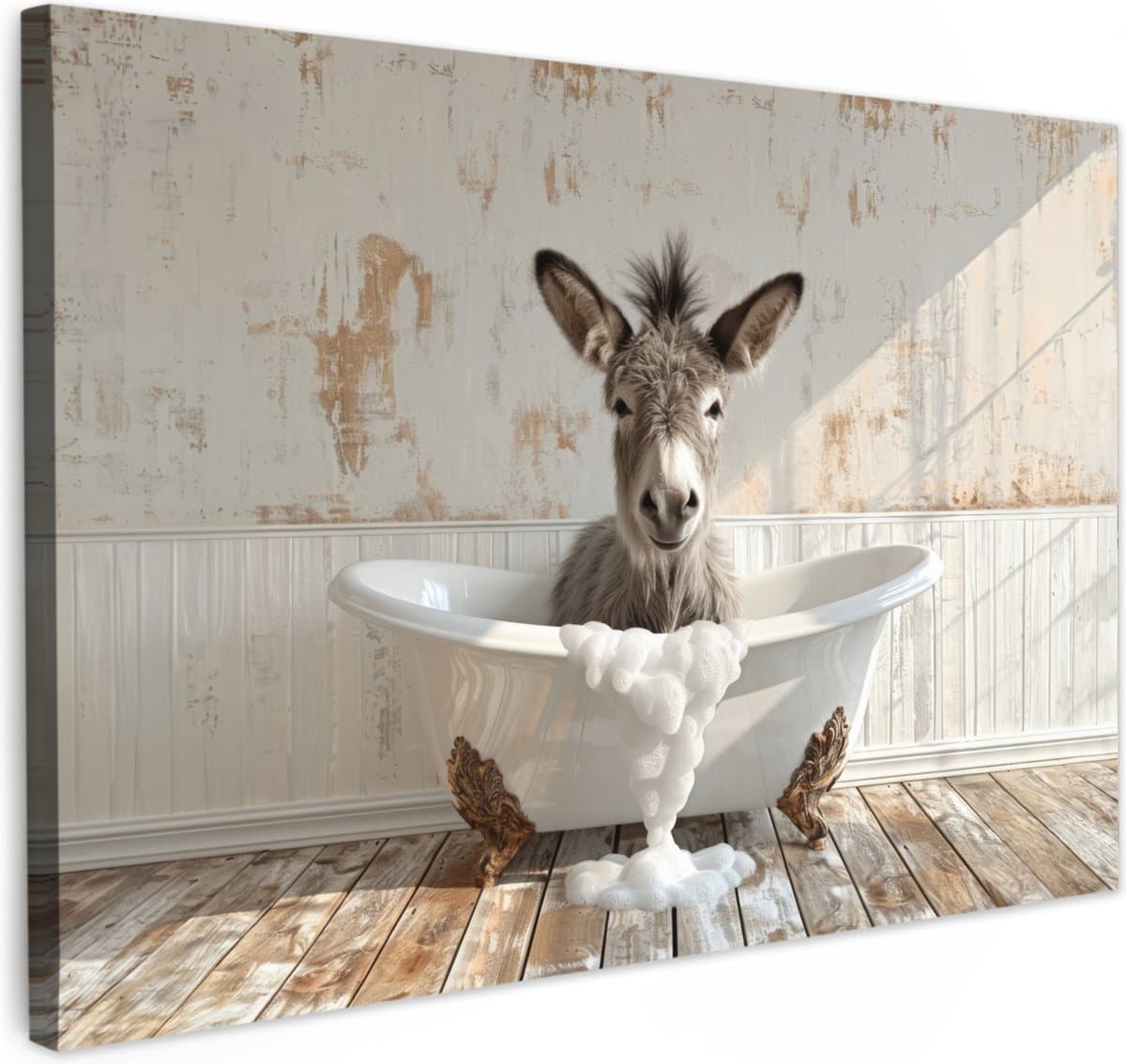 Canvas schilderij 90x60 cm - Wanddecoratie badkamer Ezel - Dieren - Badkuip - Schuim - Muurdecoratie WC - Decoratieve accessoires - Toilet muur decoratie - Schilderijen op canvas