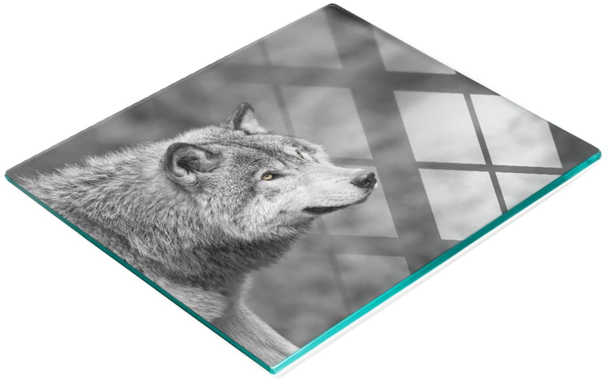 Multifunctioneel decoratief glazen bord met print van een grijze wolf, 60x52 cm