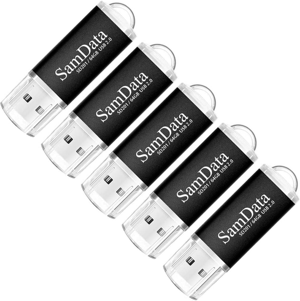 Set van 5 USB Sticks 64 GB - USB 2.0 Geheugensticks Data Opslag met LED-indicator (Zwart)