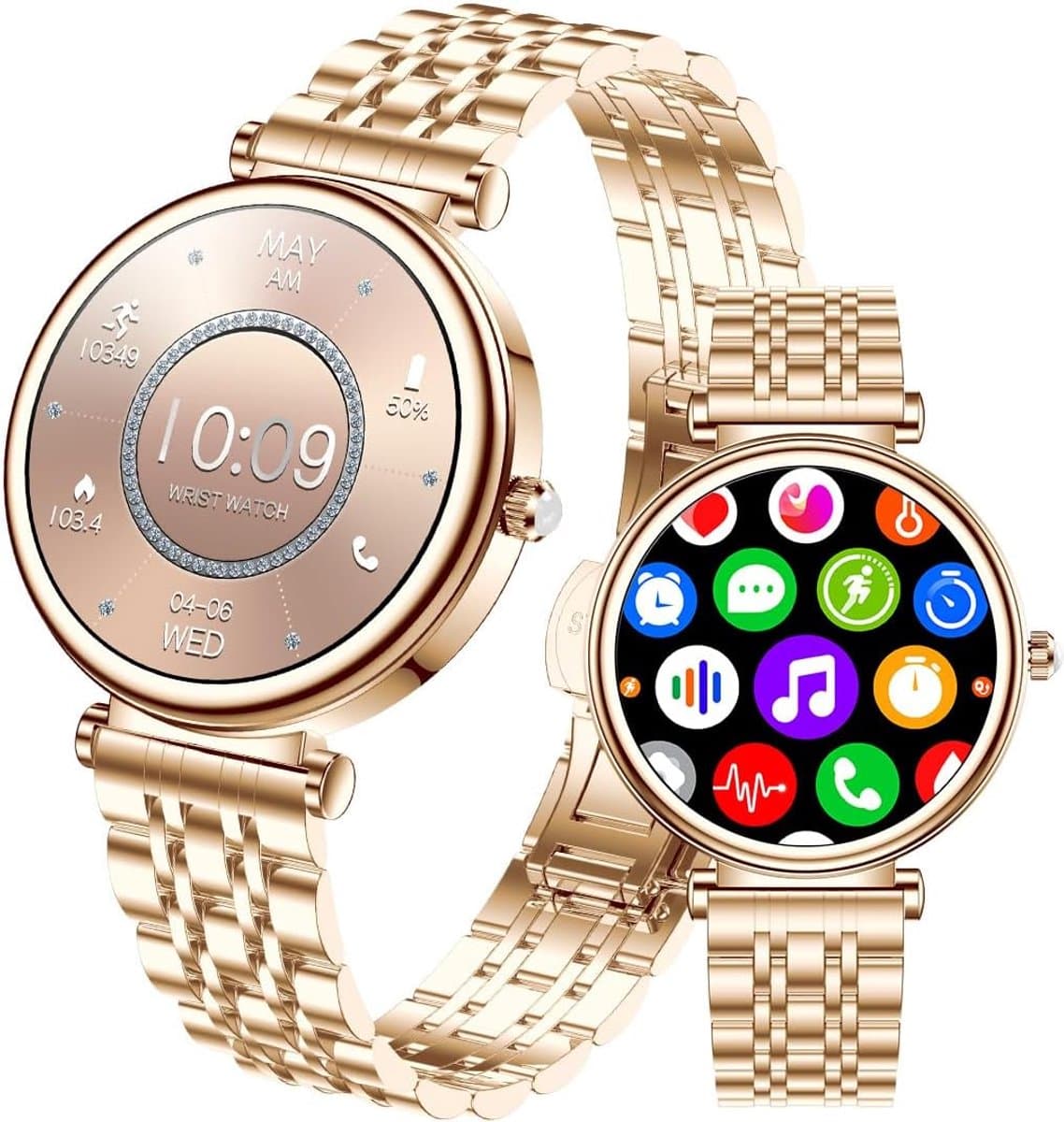 Dames Smartwatch Roze Goud met Hartslagmeter en Slaaptracker - Fitness Horloge voor iOS & Android