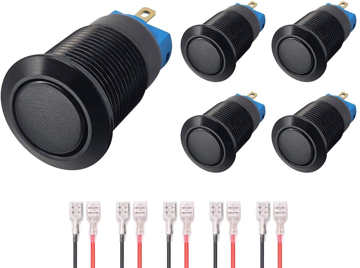 ProRide Mini Pulsschakelaar Normally Open - 12mm Metaal - 12V/24V - Platte Knop - Met Kabels - Zwart - 5 stuks
