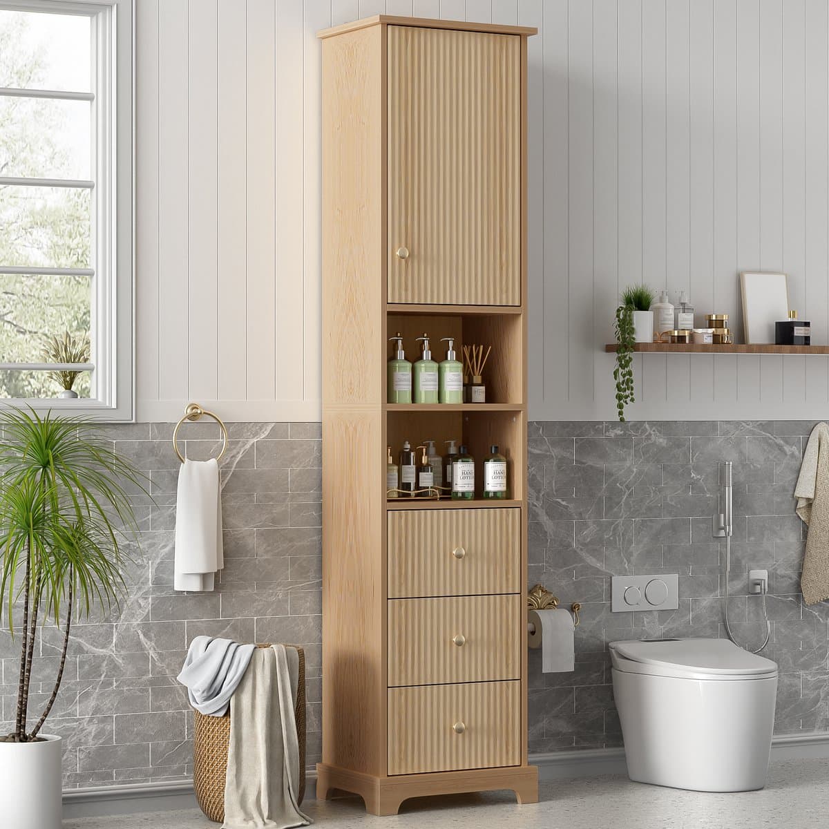 MODENUIT Badkamerkast - Hoge Opbergkast Met 3 Laden En 2 Open Vakken - Voor Badkamer - MDF Naturel - 40x30x172 cm