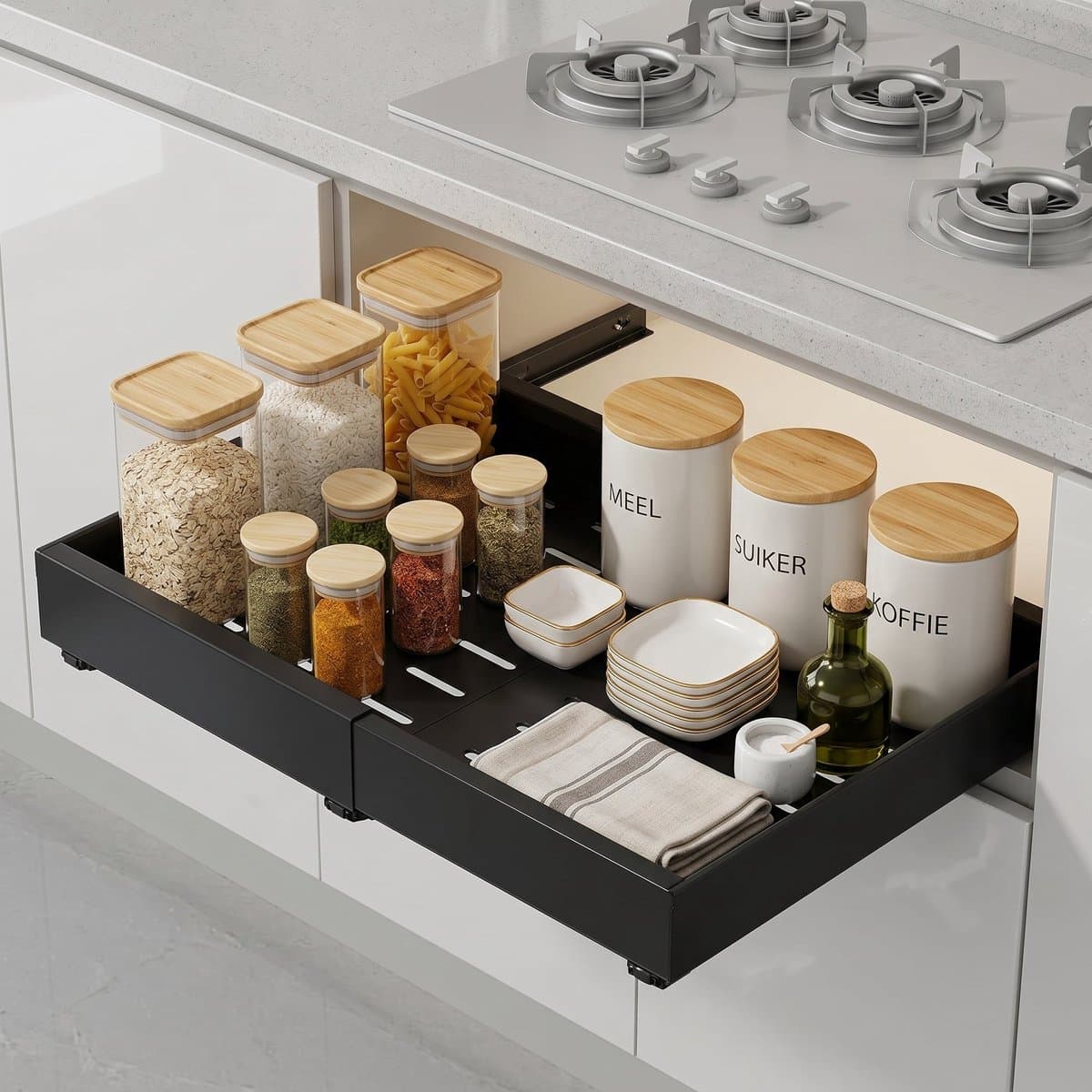 Lomera Schuiflade Keukenkast Organizer - Uitschuifbaar en Verstelbaar - Telescopische Lade - Keukenlade - Zonder Boren - Gootsteenkast Organizer - Binnenlade Keuken - Kastlade Organizer - Keuken Opberger - Zwart