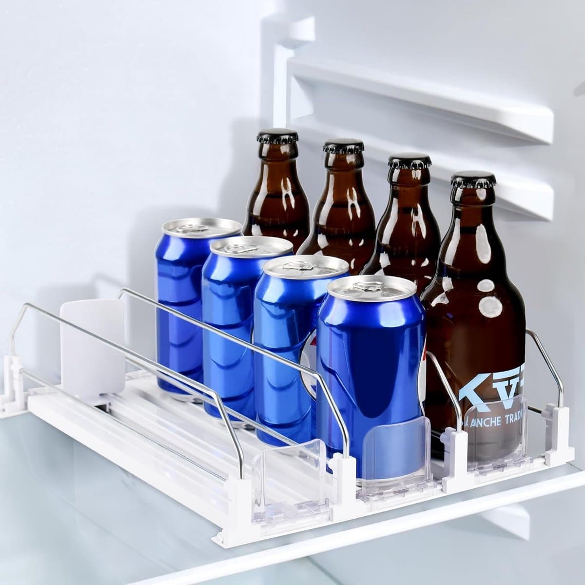 Koelkastorganizer, voor dranken, automatische koelkast-organizer, zelfschuivende drankdispenser, koelkast, voor 12 blikjes, 3 rijen, voor keuken, supermarkten, bergruimte 31 x 25 cm