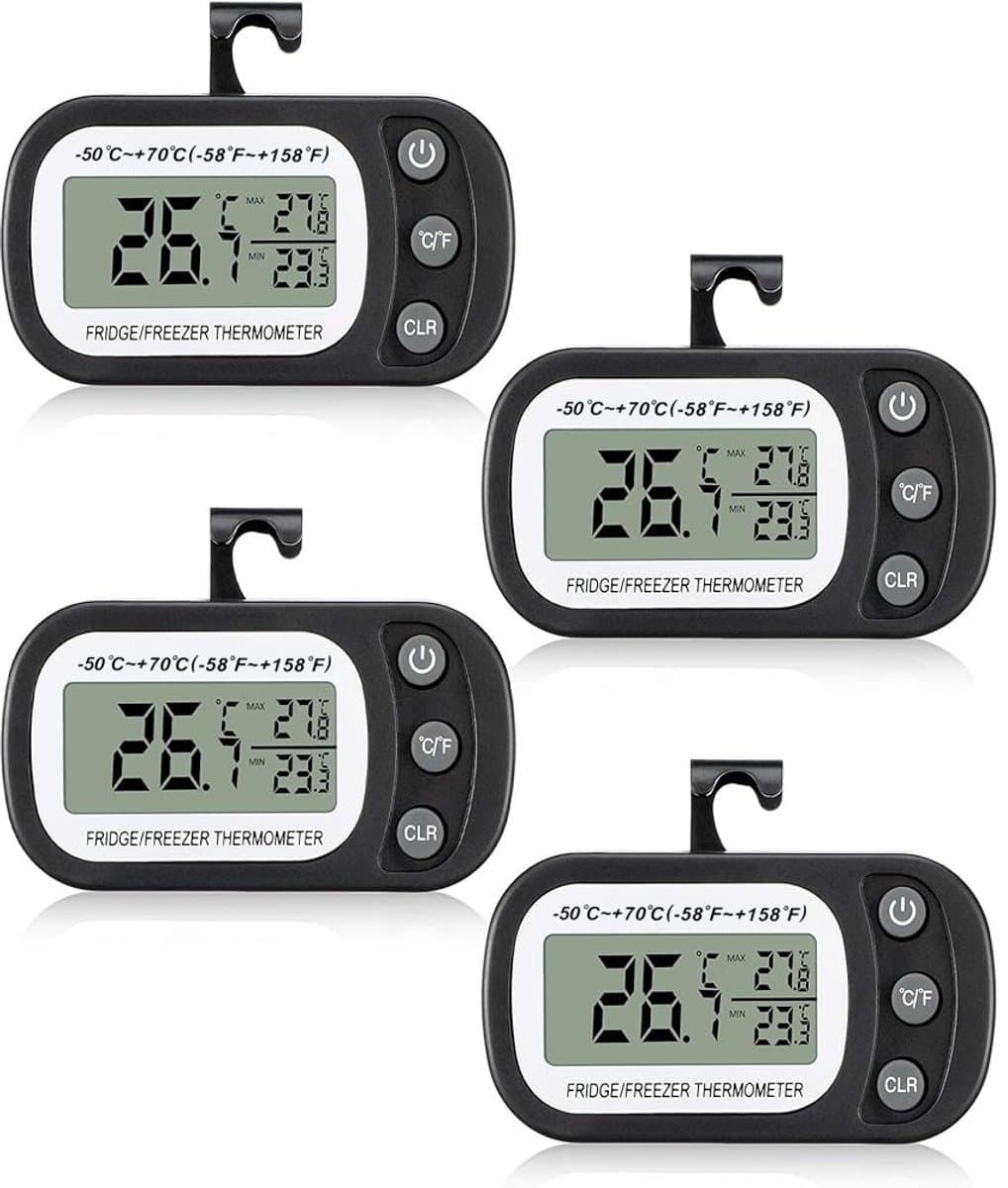 4x Digital Koelkast Thermometer Vriezer - Fridge Freezer Thermometer Waterproof - Grote LCD Temperatuurmeter Met Magneet Stand Max Min Alarm - Keuken Temperatuur Monitor Voor Koelkast En Diepvries - Zwart