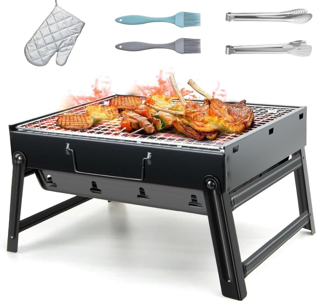 Draagbare Houtskoolgrill - Opvouwbare Barbecue - Buiten Koken - Lichtgewicht en Compact - 36 x 27 x 23 cm - Zwart
