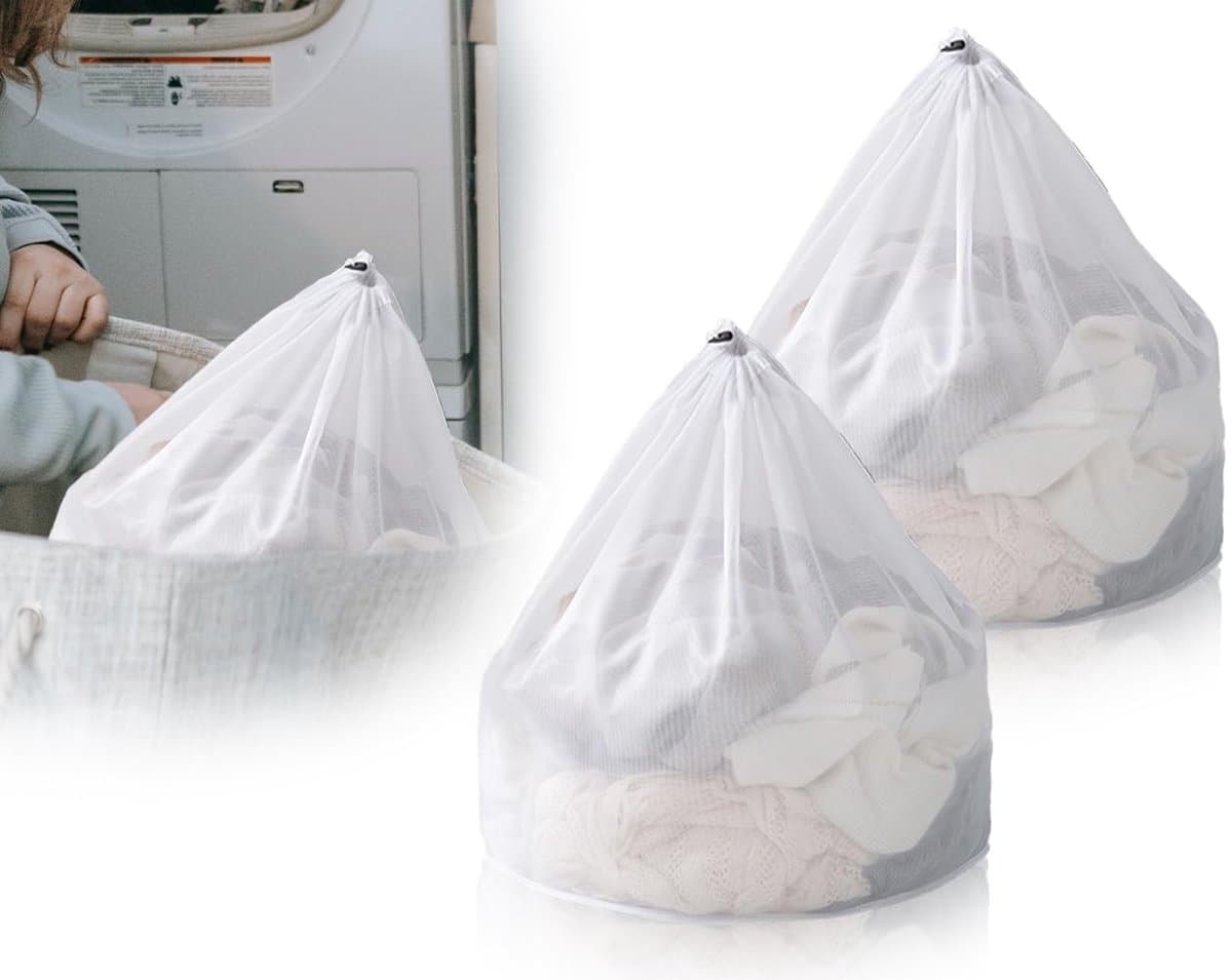 Dailygoods- Wasnet Set van 2 - 50 x 60 cm - Herbruikbaar - Dichte Mesh - Koordsluiting - Bescherming voor Kleding - Waszak
