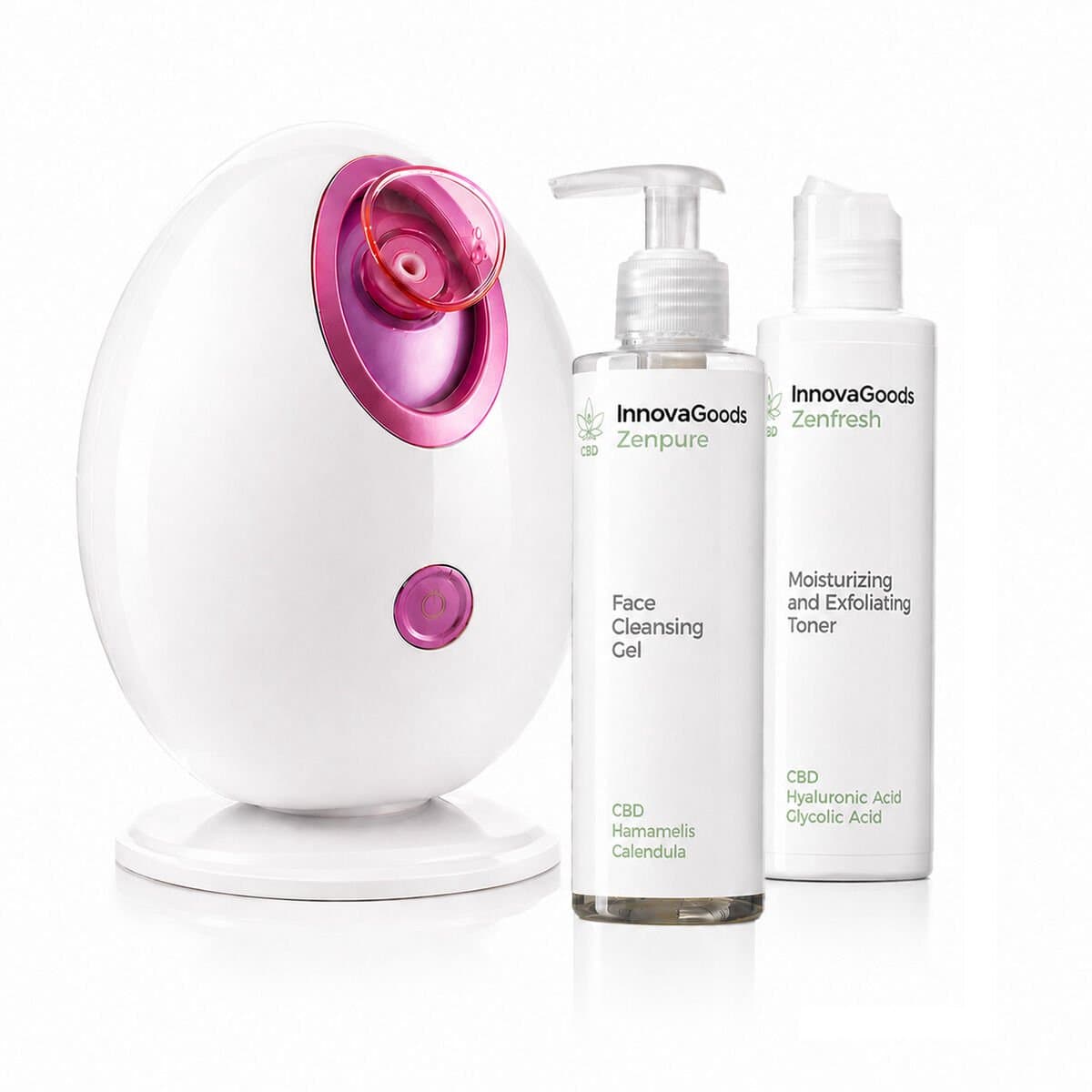 Pack elektrische gezichtssauna, CBD Zenpure gezichtsreiniger 200 ml en CBD Zenfresh toner 150 ml InnovaGoods