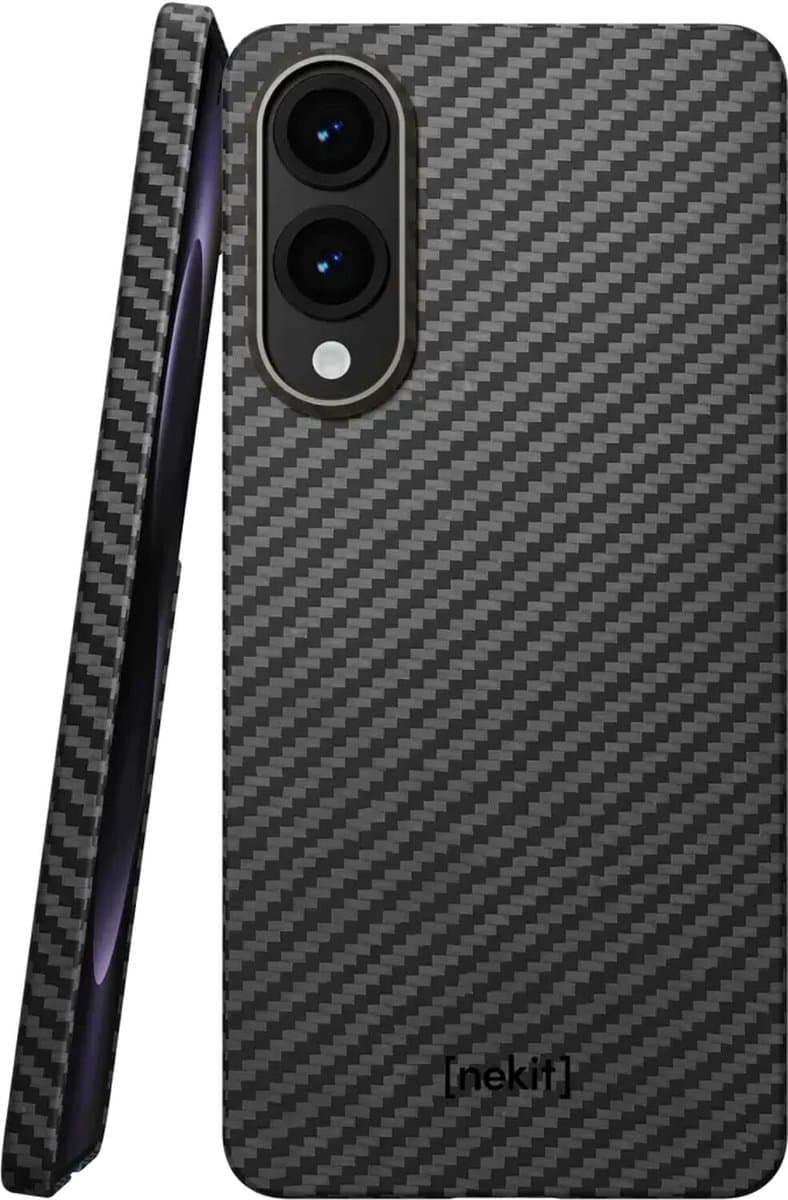 NEKIT Fiber Hoesje Geschikt voor Samsung Galaxy S25 Edge - Compatibel met MagSafe en Qi2 - High-tech Kevlar Aramidevezels 1500D - Back Cover Ultra Dun - Grijs/Zwart