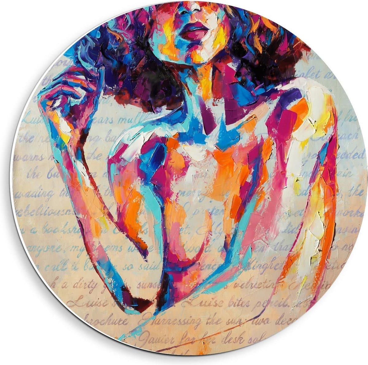 Forex Wandcirkel - Schilderij van Felgekleurde Naakte Vrouw - 40x40cm Foto op Wandcirkel (met ophangsysteem)