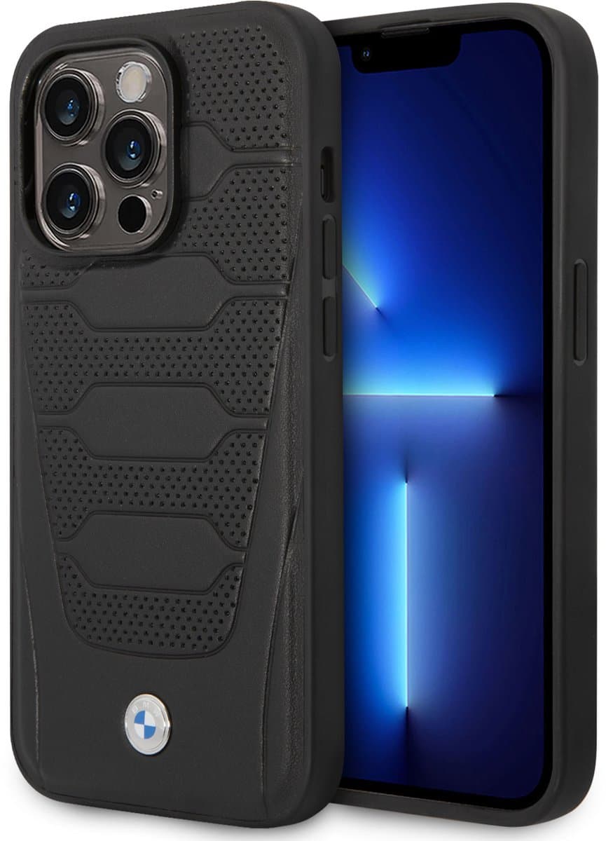 BMW iPhone 14 Pro Backcover hoesje - Red Leather Signature - Perforated Seats Design - Zwart
