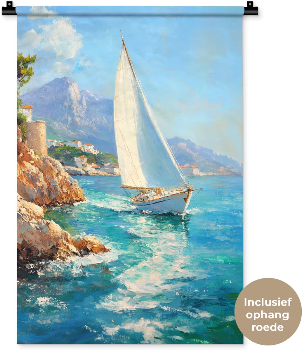 Wandkleed 60x90 cm - Wanddoek Zeilboot - Rotsen - Kust - Huizen - Wandtapijt - Wandkleden