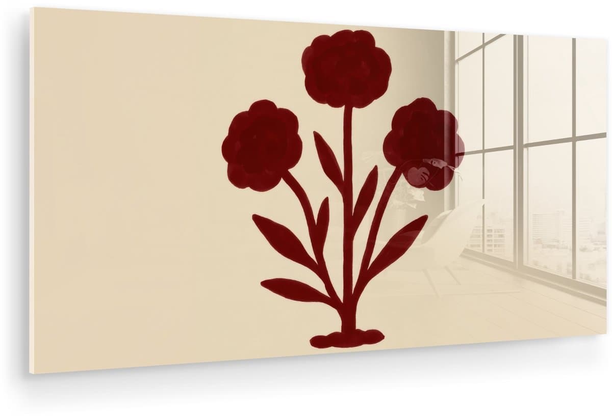 MuchoWow® Glasschilderij 120x60 cm - Schilderij acrylglas - Bloemen - Bladeren - Rood - Minimalistisch - Foto op glas - Muurdecoratie woonkamer - Wanddecoratie slaapkamer - Schilderijen
