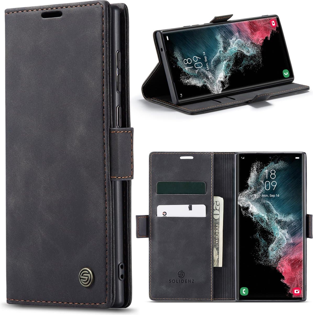 Geschikt Voor Samsung Galaxy S22 Ultra Hoesje - Solidenz Urban Bookcase S22 Ultra - Telefoonhoesje S22 Ultra - S22 Ultra Case Met Pasjeshouder - PU Leren Hoes - Draadloos Opladen - Zwart