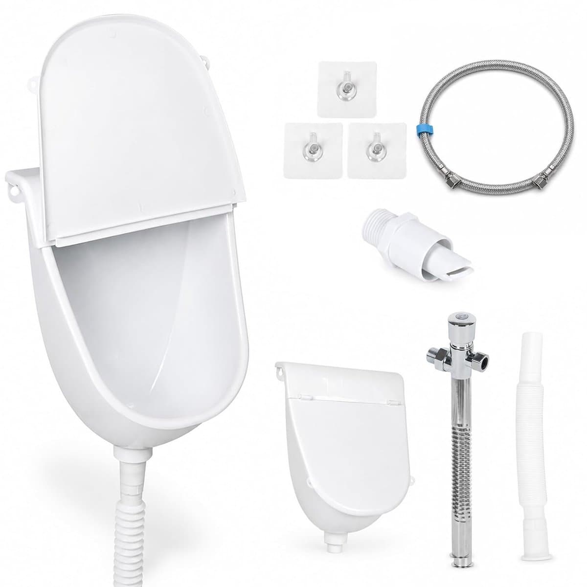 Urinoir met deksel, waterloos wandurinoir voor mannen zonder boren, spatwaterdicht kunststof urinoir met spoelventiel en afvoerslang, geurneutraal urinoir voor camper, camping, tuin (wit)