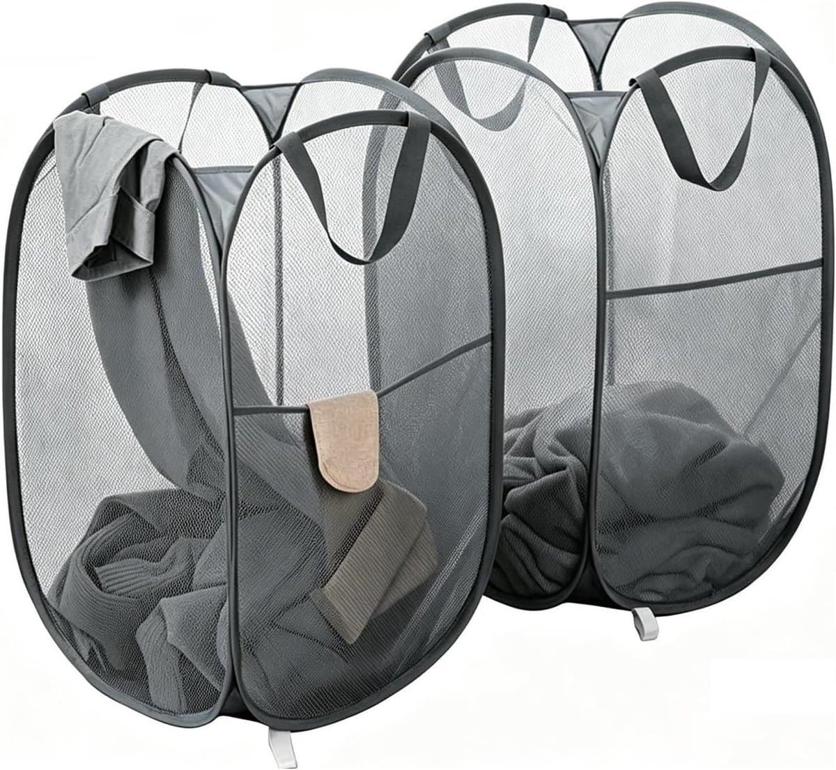 2 stuks 75 l opvouwbare wasmand, mesh, opvouwbare wasmand, grote pop-up wasmand, ademend, draagbaar, met handvat en zijvak, donkergrijs