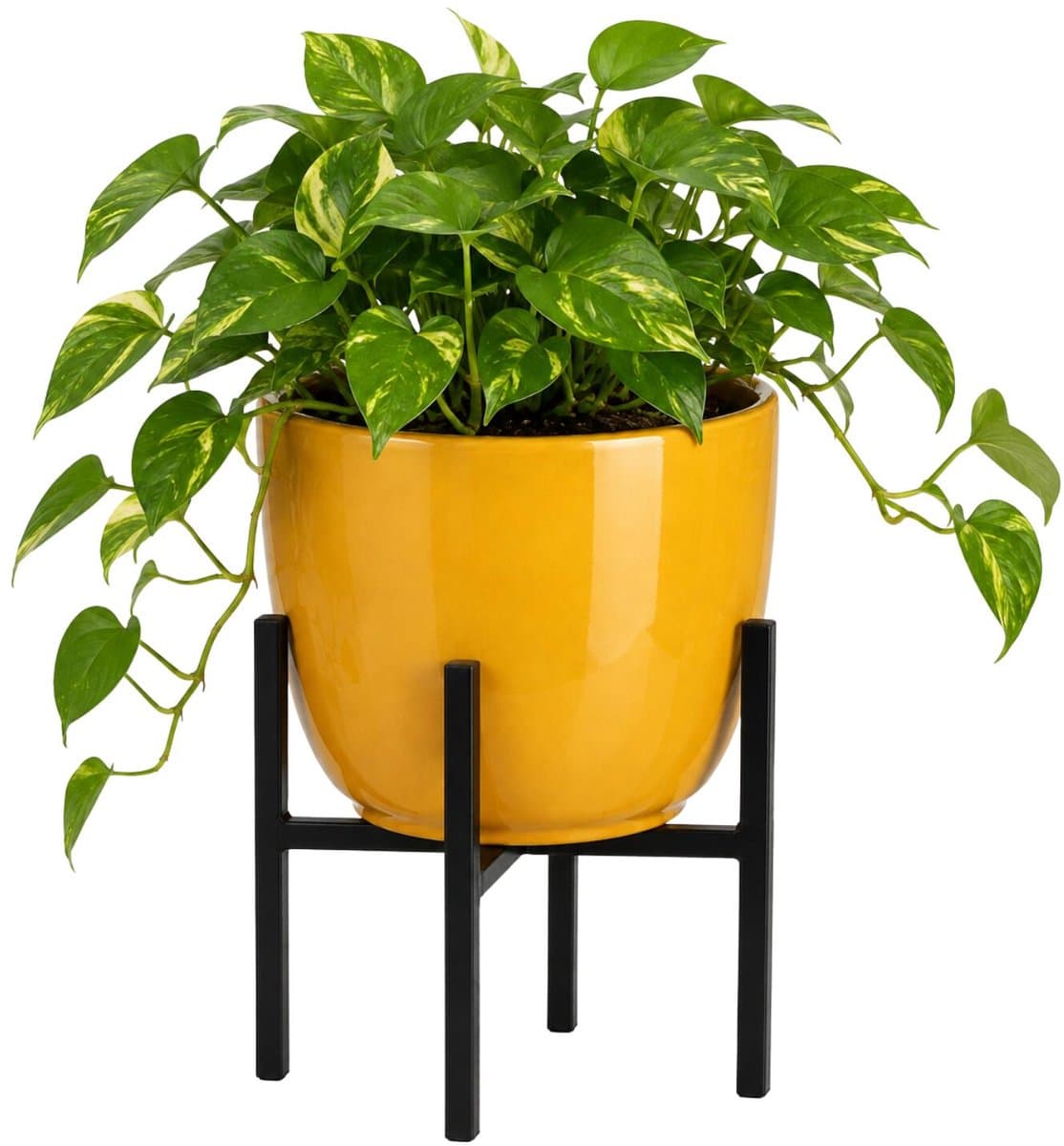 Mica Decorations plantenpot - geel - keramiek - D25 x H23 cm - op verhoger van metaal - zwart - verhoogt 14 cm