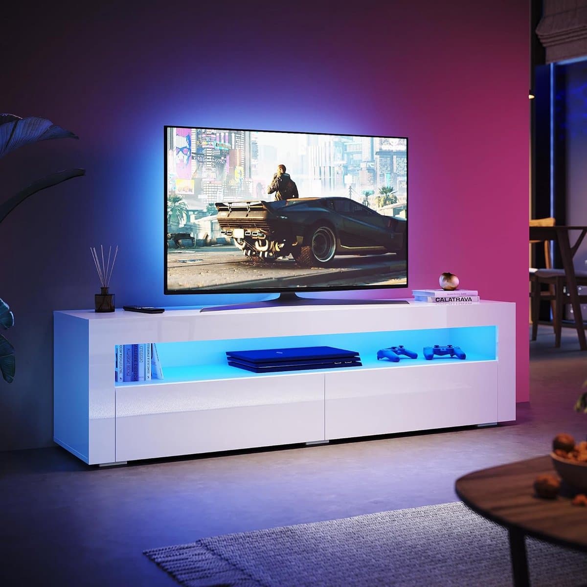 Wit Hoogglans TV Lowboard met LED Verlichting 155 x 40 x 45 cm