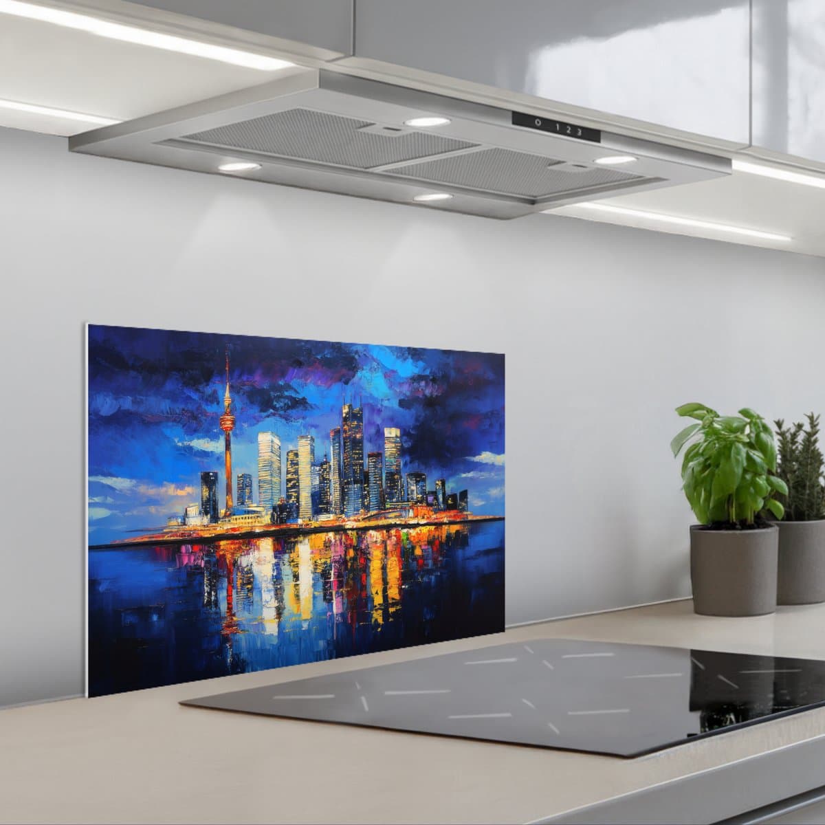 Spatscherm 60x40 cm - Zelfklevende achterwand Skyline Toronto - Modern - Stadslicht - Blauw - Keuken muurbeschermer - Spatwand fornuis