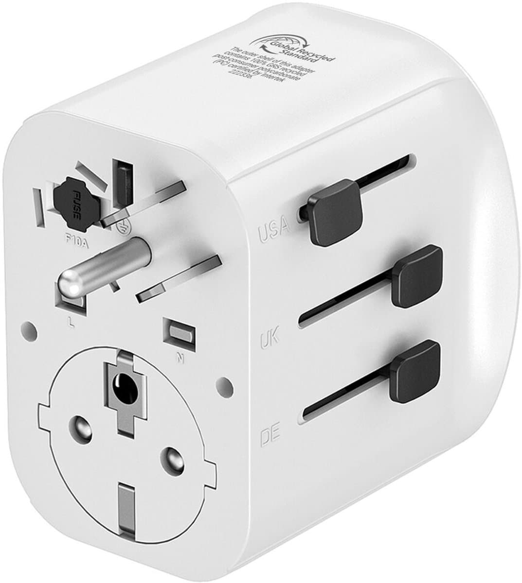 Muvit Universele Reisadapter – 15W – USB-C + 2x USB-A – Wereldstekker EU/UK/USA/AU – Wit